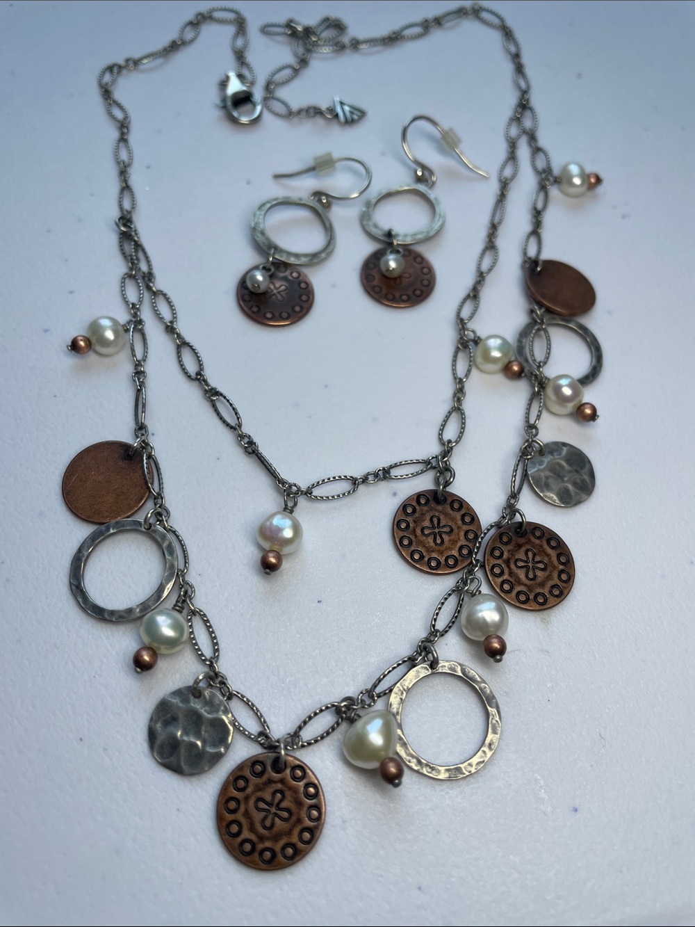 SILPADA copper coin, freshwater pearls sterling necklace and earrings.